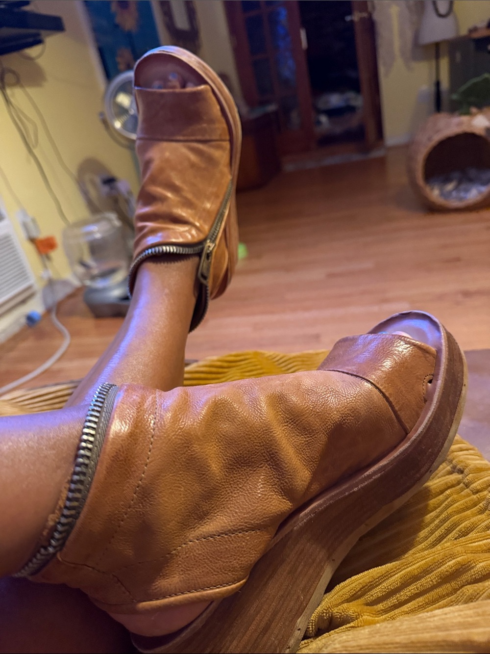 A.S.98 Free People Cognac Leather Open-Toe Zip Wedge Mules